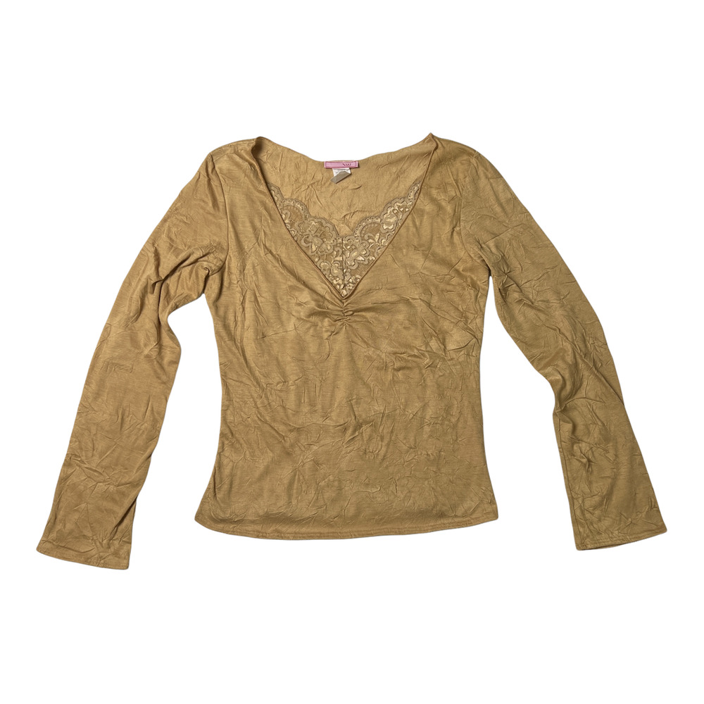 Vol. 1 Long Sleeve V-Neck Laced Blouse SIZE L Gold Crepe Made in USA